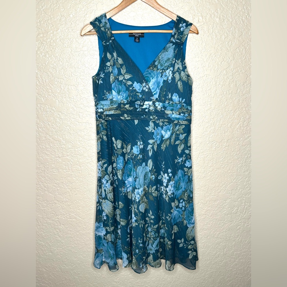 🩷 R&M Richards Women 14P Babydoll Floral Blue Flowy dress Empire waist Side Zip